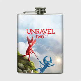 Фляга с принтом Unravel Two (Z) в Тюмени, металлический корпус | емкость 0,22 л, размер 125 х 94 мм. Виниловая наклейка запечатывается полностью | Тематика изображения на принте: coldwood interactive | unravel | unravel two | головоломка | красная пряжа | распутать | семейная игра | ярни