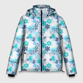 Мужская зимняя куртка 3D с принтом Снежинки в Тюмени, верх — 100% полиэстер; подкладка — 100% полиэстер; утеплитель — 100% полиэстер | длина ниже бедра, свободный силуэт Оверсайз. Есть воротник-стойка, отстегивающийся капюшон и ветрозащитная планка. 

Боковые карманы с листочкой на кнопках и внутренний карман на молнии. | Тематика изображения на принте: merry christmas | дед мороз | ёлка | зима | мороз | новый год | подарок | праздник | рождество | с новым годом | санта клаус | снег | снеговик | снегурочка | снежинки | снежные узоры | узоры
