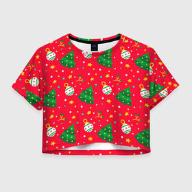 Женская футболка Crop-top 3D с принтом Ёлочки! в Тюмени, 100% полиэстер | круглая горловина, длина футболки до линии талии, рукава с отворотами | 2020 | 2021 | christmas | new year | бык | год быка | дед мороз | елка | зима | новый год | паттерн | подарки | подарок | праздник | рождество | с новым годом | санта | свитер | снег | снежинки