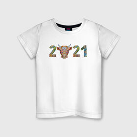 Детская футболка хлопок с принтом Год быка 2021 в Тюмени, 100% хлопок | круглый вырез горловины, полуприлегающий силуэт, длина до линии бедер | 2021 | 7 января | bull | newyear | santa | бык | быки | бычок | год быка | дед мороз | корова | новогодние каникулы | новогодние праздники | новый 2021 | новый год | новый год 2021 | рождество | сани | санта | санта клаус