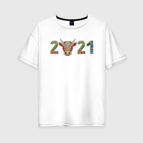 Женская футболка хлопок Oversize с принтом Год быка 2021 в Тюмени, 100% хлопок | свободный крой, круглый ворот, спущенный рукав, длина до линии бедер
 | 2021 | 7 января | bull | newyear | santa | бык | быки | бычок | год быка | дед мороз | корова | новогодние каникулы | новогодние праздники | новый 2021 | новый год | новый год 2021 | рождество | сани | санта | санта клаус