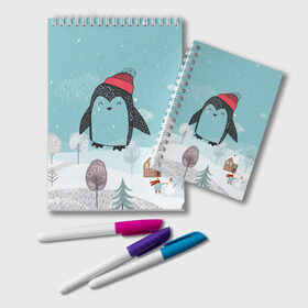 Блокнот с принтом Милый пингвин в Тюмени, 100% бумага | 48 листов, плотность листов — 60 г/м2, плотность картонной обложки — 250 г/м2. Листы скреплены удобной пружинной спиралью. Цвет линий — светло-серый
 | Тематика изображения на принте: 2021 | 7 января | bull | newyear | santa | бык | быки | бычок | год быка | дед мороз | корова | новогодние каникулы | новогодние праздники | новый 2021 | новый год | новый год 2021 | рождество | сани | санта | санта клаус