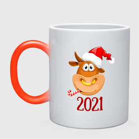 Кружка хамелеон с принтом Веселый бык 2021 в Тюмени, керамика | меняет цвет при нагревании, емкость 330 мл | Тематика изображения на принте: 2021 | 7 января | bull | newyear | santa | бык | быки | бычок | год быка | дед мороз | корова | новогодние каникулы | новогодние праздники | новый 2021 | новый год | новый год 2021 | рождество | сани | санта | санта клаус