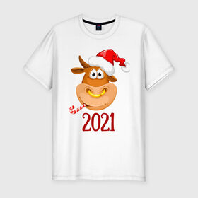 Мужская футболка хлопок Slim с принтом Веселый бык 2021 в Тюмени, 92% хлопок, 8% лайкра | приталенный силуэт, круглый вырез ворота, длина до линии бедра, короткий рукав | 2021 | 7 января | bull | newyear | santa | бык | быки | бычок | год быка | дед мороз | корова | новогодние каникулы | новогодние праздники | новый 2021 | новый год | новый год 2021 | рождество | сани | санта | санта клаус