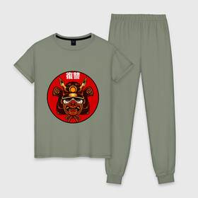 Женская пижама хлопок с принтом Samurai в Тюмени, 100% хлопок | брюки и футболка прямого кроя, без карманов, на брюках мягкая резинка на поясе и по низу штанин | art | japan | pop art | samurai | yakudza | арт | поп арт | самурай | якудза | япония | японский стиль