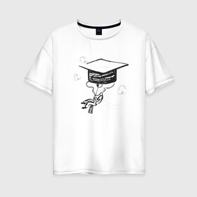Женская футболка хлопок Oversize с принтом Absurd 7 в Тюмени, 100% хлопок | свободный крой, круглый ворот, спущенный рукав, длина до линии бедер
 | выпускник | графика | иллюстрация | кисточка | облака | полет | рисунок | треуголка | ученик | человечек | черно белый