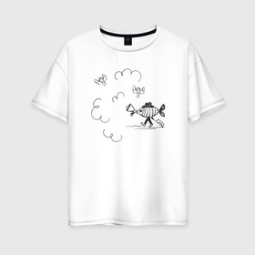 Женская футболка хлопок Oversize с принтом Absurd 8 в Тюмени, 100% хлопок | свободный крой, круглый ворот, спущенный рукав, длина до линии бедер
 | графика | звук | иллюстрация | облака | рисунок | рупор | рыба | ушки | черно белый | шляпа | юмор