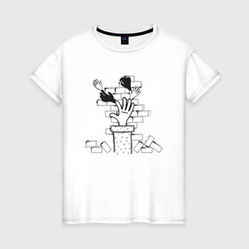 Женская футболка хлопок с принтом Absurd 10 в Тюмени, 100% хлопок | прямой крой, круглый вырез горловины, длина до линии бедер, слегка спущенное плечо | графика | иллюстрация | кирпичи | кладка | кубики | рисунок | рука | стена | строитель | стройка | черно белый