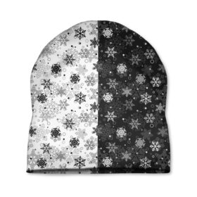 Шапка 3D с принтом Чёрно-Белые Снежинки в Тюмени, 100% полиэстер | универсальный размер, печать по всей поверхности изделия | Тематика изображения на принте: merry christmas | дед мороз | ёлка | зима | мороз | новый год | подарок | праздник | рождество | с новым годом | санта клаус | снег | снеговик | снегурочка | снежинки | снежные узоры | узоры
