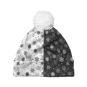 Шапка 3D c помпоном с принтом Чёрно-Белые Снежинки в Тюмени, 100% полиэстер | универсальный размер, печать по всей поверхности изделия | Тематика изображения на принте: merry christmas | дед мороз | ёлка | зима | мороз | новый год | подарок | праздник | рождество | с новым годом | санта клаус | снег | снеговик | снегурочка | снежинки | снежные узоры | узоры