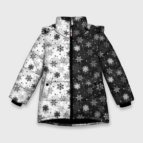 Зимняя куртка для девочек 3D с принтом Чёрно-Белые Снежинки в Тюмени, ткань верха — 100% полиэстер; подклад — 100% полиэстер, утеплитель — 100% полиэстер. | длина ниже бедра, удлиненная спинка, воротник стойка и отстегивающийся капюшон. Есть боковые карманы с листочкой на кнопках, утяжки по низу изделия и внутренний карман на молнии. 

Предусмотрены светоотражающий принт на спинке, радужный светоотражающий элемент на пуллере молнии и на резинке для утяжки. | merry christmas | дед мороз | ёлка | зима | мороз | новый год | подарок | праздник | рождество | с новым годом | санта клаус | снег | снеговик | снегурочка | снежинки | снежные узоры | узоры