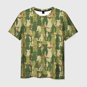 Мужская футболка 3D с принтом Камуфляж из котов в Тюмени, 100% полиэфир | прямой крой, круглый вырез горловины, длина до линии бедер | 23 февраля | армия | военная | зелень | камуфляж | листья | маскировка | паттерн | солдат | текстуры