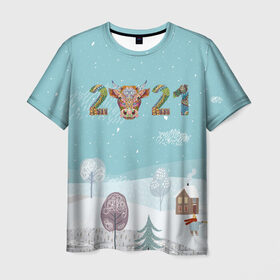 Мужская футболка 3D с принтом Год быка 2021 в Тюмени, 100% полиэфир | прямой крой, круглый вырез горловины, длина до линии бедер | 2021 | 7 января | bull | newyear | santa | бык | быки | бычок | год быка | дед мороз | корова | новогодние каникулы | новогодние праздники | новый 2021 | новый год | новый год 2021 | рождество | сани | санта | санта клаус