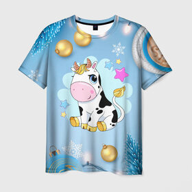 Мужская футболка 3D с принтом Милый новогодний бычок в Тюмени, 100% полиэфир | прямой крой, круглый вырез горловины, длина до линии бедер | 2021 | 7 января | bull | newyear | santa | бык | быки | бычок | год быка | дед мороз | корова | новогодние каникулы | новогодние праздники | новый 2021 | новый год | новый год 2021 | рождество | сани | санта | санта клаус