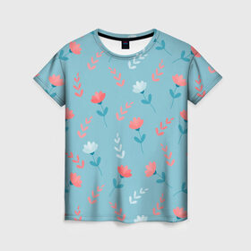 Женская футболка 3D с принтом Цветочки и листики на голубом в Тюмени, 100% полиэфир ( синтетическое хлопкоподобное полотно) | прямой крой, круглый вырез горловины, длина до линии бедер | 8 марта | весна | день рождения | коралловый | лето | листики | паттерн | праздник | узор | цветочки