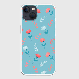 Чехол для iPhone 13 с принтом Цветочки и листики на голубом в Тюмени,  |  | 8 марта | весна | день рождения | коралловый | лето | листики | паттерн | праздник | узор | цветочки
