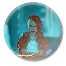Значок с принтом Cyberpunk 2077 V в Тюмени,  металл | круглая форма, металлическая застежка в виде булавки | ceberpunk | v | андроид | герой | главный | земля | киберпанк | киборг | персонаж | планета