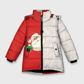 Зимняя куртка для девочек 3D с принтом Селфи Деда Мороза в Тюмени, ткань верха — 100% полиэстер; подклад — 100% полиэстер, утеплитель — 100% полиэстер. | длина ниже бедра, удлиненная спинка, воротник стойка и отстегивающийся капюшон. Есть боковые карманы с листочкой на кнопках, утяжки по низу изделия и внутренний карман на молнии. 

Предусмотрены светоотражающий принт на спинке, радужный светоотражающий элемент на пуллере молнии и на резинке для утяжки. | Тематика изображения на принте: christmas | merry christmas | дед мороз | ёлка | зима | мороз | новый год | подарок | праздник | рождество | с новым годом | санта клаус | селфи | снегурочка | снежинки