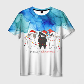Мужская футболка 3D с принтом Meowy christmas в Тюмени, 100% полиэфир | прямой крой, круглый вырез горловины, длина до линии бедер | Тематика изображения на принте: new year | арт | графика | дед мороз | зима | новый год | рождество | санта