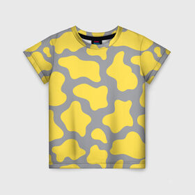 Детская футболка 3D с принтом Желто-серая корова в Тюмени, 100% гипоаллергенный полиэфир | прямой крой, круглый вырез горловины, длина до линии бедер, чуть спущенное плечо, ткань немного тянется | Тематика изображения на принте: illuminating | pantone | ultimate grey | безупречный | бык | желтый | корова | новый год | освещающий | пятна | серый