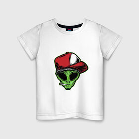 Детская футболка хлопок с принтом Alien gangster в Тюмени, 100% хлопок | круглый вырез горловины, полуприлегающий силуэт, длина до линии бедер | Тематика изображения на принте: alien | бандит | гангстер | инопланетянин | кепка | крутой | нло | опасный | пришелец | хипстер