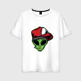 Женская футболка хлопок Oversize с принтом Alien gangster в Тюмени, 100% хлопок | свободный крой, круглый ворот, спущенный рукав, длина до линии бедер
 | alien | бандит | гангстер | инопланетянин | кепка | крутой | нло | опасный | пришелец | хипстер