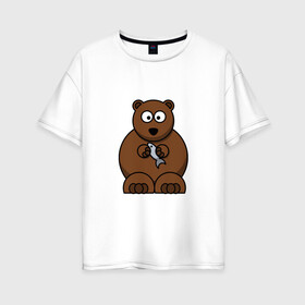 Женская футболка хлопок Oversize с принтом медведь с рыбой в Тюмени, 100% хлопок | свободный крой, круглый ворот, спущенный рукав, длина до линии бедер
 | гризли | детские | живая | животные | звери | картинки | медведь | мультфильмы | популярные | прикольные | природа | рыба | тренды | хищники
