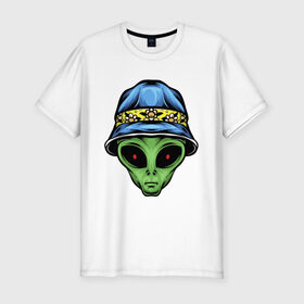 Мужская футболка хлопок Slim с принтом Alien in panama в Тюмени, 92% хлопок, 8% лайкра | приталенный силуэт, круглый вырез ворота, длина до линии бедра, короткий рукав | Тематика изображения на принте: alien | инопланетянин | кепка | нло | пришелец | хипстер | шляпа
