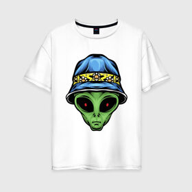 Женская футболка хлопок Oversize с принтом Alien in panama в Тюмени, 100% хлопок | свободный крой, круглый ворот, спущенный рукав, длина до линии бедер
 | alien | инопланетянин | кепка | нло | пришелец | хипстер | шляпа