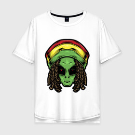 Мужская футболка хлопок Oversize с принтом Reggae alien в Тюмени, 100% хлопок | свободный крой, круглый ворот, “спинка” длиннее передней части | Тематика изображения на принте: alien | волосы | инопланетянин | кепка | нло | пришелец | растаман | регги | хипстер | шляпа