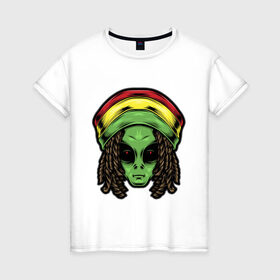 Женская футболка хлопок с принтом Reggae alien в Тюмени, 100% хлопок | прямой крой, круглый вырез горловины, длина до линии бедер, слегка спущенное плечо | alien | волосы | инопланетянин | кепка | нло | пришелец | растаман | регги | хипстер | шляпа