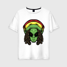 Женская футболка хлопок Oversize с принтом Reggae alien в Тюмени, 100% хлопок | свободный крой, круглый ворот, спущенный рукав, длина до линии бедер
 | alien | волосы | инопланетянин | кепка | нло | пришелец | растаман | регги | хипстер | шляпа