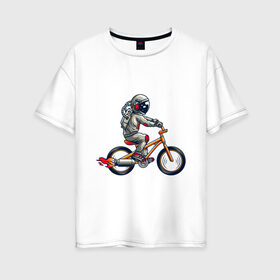 Женская футболка хлопок Oversize с принтом Астронавт на велосипеде в Тюмени, 100% хлопок | свободный крой, круглый ворот, спущенный рукав, длина до линии бедер
 | астронавт | велосипед | космонавт | космос | костюм | ракеты | скафандр | хипстер | шлем