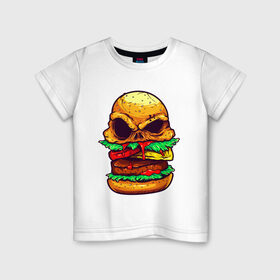 Детская футболка хлопок с принтом Голодный бургер в Тюмени, 100% хлопок | круглый вырез горловины, полуприлегающий силуэт, длина до линии бедер | бургер | бутерброд | голодный | кровь | мясо | хипстер | череп