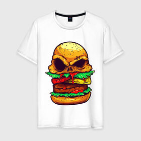 Мужская футболка хлопок с принтом Голодный бургер в Тюмени, 100% хлопок | прямой крой, круглый вырез горловины, длина до линии бедер, слегка спущенное плечо. | бургер | бутерброд | голодный | кровь | мясо | хипстер | череп
