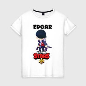 Женская футболка хлопок с принтом BRAWL STARS EDGAR. в Тюмени, 100% хлопок | прямой крой, круглый вырез горловины, длина до линии бедер, слегка спущенное плечо | 8 bit | brawl stars | byron | colette | crow | edgar | gale | leon | max | mr.p | sally leon | shark | virus 8 bit | werewolf leon | акула | байрон | берли | бравл старс | ворон | коллет | макс | оборотень | эдгар