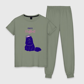 Женская пижама хлопок с принтом Пушистая принцесса в Тюмени, 100% хлопок | брюки и футболка прямого кроя, без карманов, на брюках мягкая резинка на поясе и по низу штанин | арт | животные | картинка | корона | котёнок | котэ | кошка | надпись | пушистая | рисунок