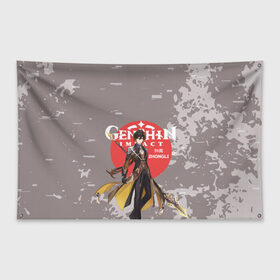 Флаг-баннер с принтом Genshin Impact - Zhongli в Тюмени, 100% полиэстер | размер 67 х 109 см, плотность ткани — 95 г/м2; по краям флага есть четыре люверса для крепления | anime | game | genshin impact | rpg | zhongli | аниме | геншин импакт | игра | персонаж | рпг | чжун ли