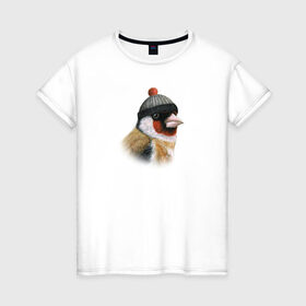 Женская футболка хлопок с принтом Щегол в Тюмени, 100% хлопок | прямой крой, круглый вырез горловины, длина до линии бедер, слегка спущенное плечо | животные | пастель | птицы | птицы в шляпах | рисунок | шапка с помпоном | щегол