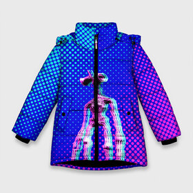 Зимняя куртка для девочек 3D с принтом Siren Head - Helloween в Тюмени, ткань верха — 100% полиэстер; подклад — 100% полиэстер, утеплитель — 100% полиэстер. | длина ниже бедра, удлиненная спинка, воротник стойка и отстегивающийся капюшон. Есть боковые карманы с листочкой на кнопках, утяжки по низу изделия и внутренний карман на молнии. 

Предусмотрены светоотражающий принт на спинке, радужный светоотражающий элемент на пуллере молнии и на резинке для утяжки. | Тематика изображения на принте: glitch | glitch siren head | rgb | siren head | sirena | глитч | глич | ретро | сирейноголовый | сирена | сиреноголовый