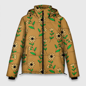 Мужская зимняя куртка 3D с принтом Цветочки на темно желтом фоне в Тюмени, верх — 100% полиэстер; подкладка — 100% полиэстер; утеплитель — 100% полиэстер | длина ниже бедра, свободный силуэт Оверсайз. Есть воротник-стойка, отстегивающийся капюшон и ветрозащитная планка. 

Боковые карманы с листочкой на кнопках и внутренний карман на молнии. | 8 марта | весна | день рождения | желтый | зеленый | лето | листья | орнамент | паттерн | праздник | природа | растения | узор | цветы | черный