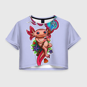 Женская футболка Crop-top 3D с принтом Магический аксолотль в Тюмени, 100% полиэстер | круглая горловина, длина футболки до линии талии, рукава с отворотами | аксолотль | жезл | кристал | магия | посох