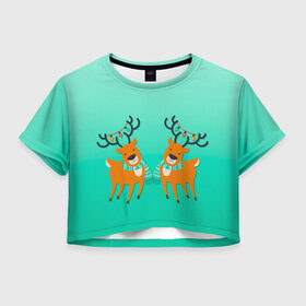 Женская футболка Crop-top 3D с принтом веселые зеркальные олени в Тюмени, 100% полиэстер | круглая горловина, длина футболки до линии талии, рукава с отворотами | Тематика изображения на принте: 