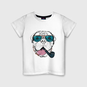 Детская футболка хлопок с принтом Бульмастиф в Тюмени, 100% хлопок | круглый вырез горловины, полуприлегающий силуэт, длина до линии бедер | бульмастиф | очки | собака | трубка | хипстер | язык
