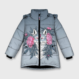 Зимняя куртка для девочек 3D с принтом Тотем волка и цветы в Тюмени, ткань верха — 100% полиэстер; подклад — 100% полиэстер, утеплитель — 100% полиэстер. | длина ниже бедра, удлиненная спинка, воротник стойка и отстегивающийся капюшон. Есть боковые карманы с листочкой на кнопках, утяжки по низу изделия и внутренний карман на молнии. 

Предусмотрены светоотражающий принт на спинке, радужный светоотражающий элемент на пуллере молнии и на резинке для утяжки. | Тематика изображения на принте: арт | вектор | внутренний | волк | волчара | волченок | волчица | животные | звери | листья | пионы | природа | рисунок | тотем | третий глаз | цветы