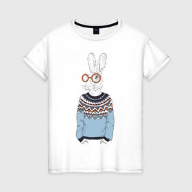 Женская футболка хлопок с принтом кролик в свитере и очках в Тюмени, 100% хлопок | прямой крой, круглый вырез горловины, длина до линии бедер, слегка спущенное плечо | 