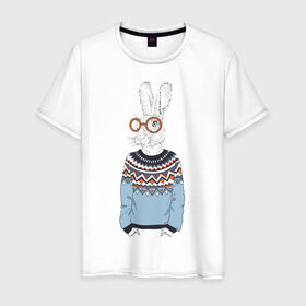 Мужская футболка хлопок с принтом кролик в свитере и очках в Тюмени, 100% хлопок | прямой крой, круглый вырез горловины, длина до линии бедер, слегка спущенное плечо. | 