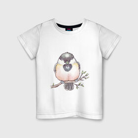 Детская футболка хлопок с принтом Милый пухлый птенчик в Тюмени, 100% хлопок | круглый вырез горловины, полуприлегающий силуэт, длина до линии бедер | акварель | акварельный | арт | ветка | воробей | грудка | клюв | милый | птенец | птица | птичка | пухлый | рисунок | синица | снегирь