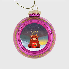 Стеклянный ёлочный шар с принтом Бык с подарками 2021 в Тюмени, Стекло | Диаметр: 80 мм | 2021 | 7 января | bull | newyear | santa | бык | быки | бычок | год быка | дед мороз | корова | новогодние каникулы | новогодние праздники | новый 2021 | новый год | новый год 2021 | рождество | сани | санта | санта клаус