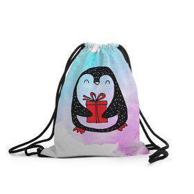 Рюкзак-мешок 3D с принтом Милый пингвин с подарком в Тюмени, 100% полиэстер | плотность ткани — 200 г/м2, размер — 35 х 45 см; лямки — толстые шнурки, застежка на шнуровке, без карманов и подкладки | 